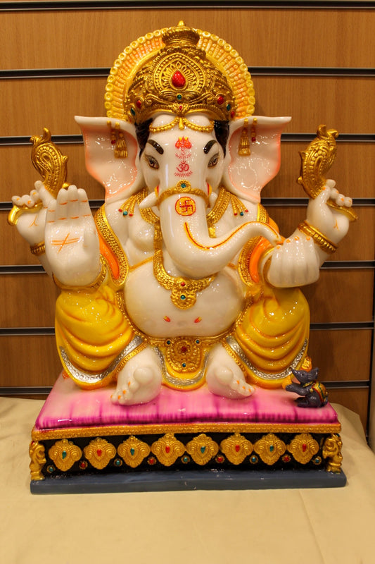 Resin/Fibre Ganesh Statue for Home Temple – Gold Halo on Cushion Chowki, 24 inch