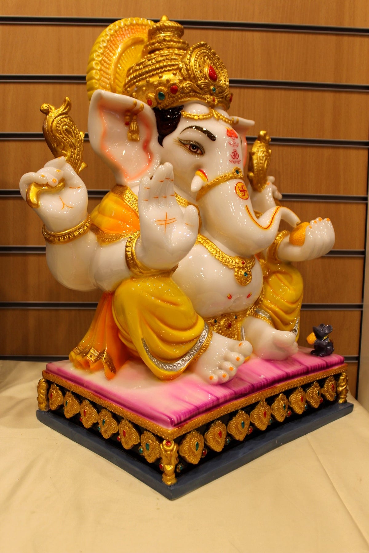 Resin/Fibre Ganesh Statue for Home Temple – Gold Halo on Cushion Chowki, 24 inch