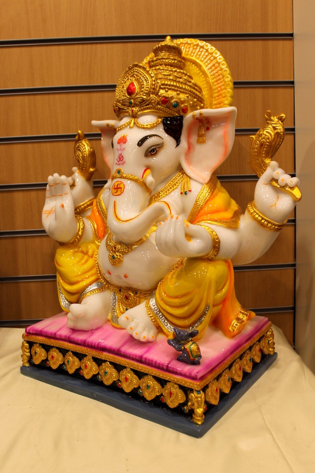 Resin/Fibre Ganesh Statue for Home Temple – Gold Halo on Cushion Chowki, 24 inch