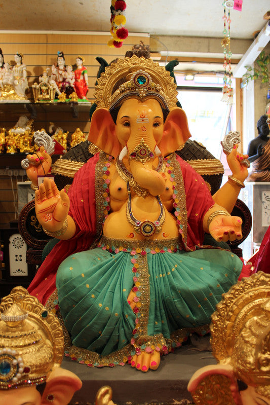 POP Ganesh Visarjan Idol - Red Uttariya & Turquoise Dhoti, 3ft - front
