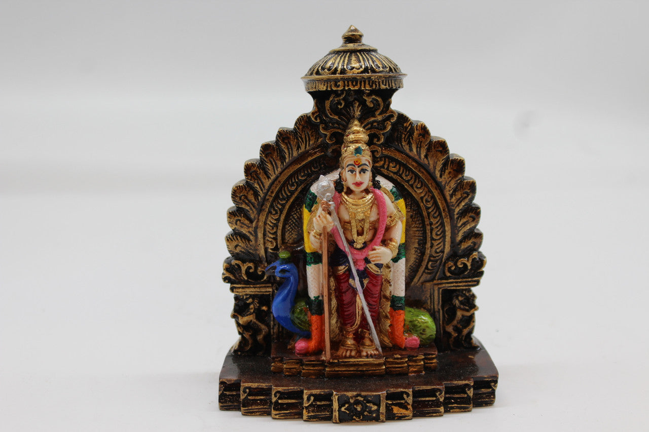 Standing Lord Murugan Idol with Peacock – Temple Arch Base - Red - front view