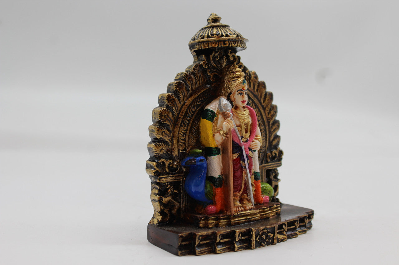 Standing Lord Murugan Idol with Peacock – Temple Arch Base - Red - side view