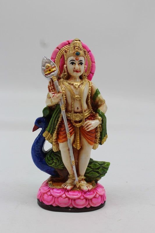 Standing Lord Murugan Idol with Peacock – Pink Lotus Base - Pink - front view
