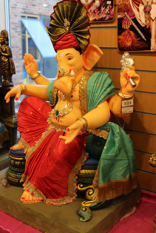 POP Ganesh Visarjan Idol Teal and Scarlet Red 3ft - with price tag