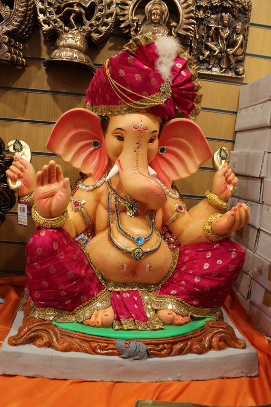 Eco-Friendly Ganesh Idol - Maroon-Pink Safa, front view