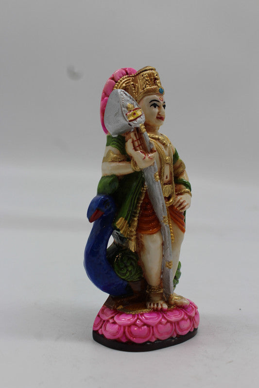 Standing Lord Murugan Idol with Peacock – Pink Lotus Base - Pink - side view