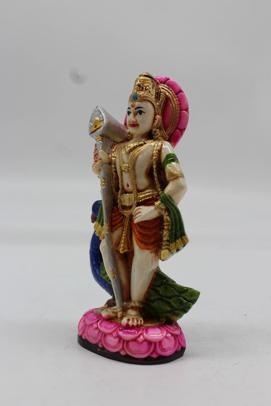 Standing Lord Murugan Idol with Peacock – Pink Lotus Base - Pink - angled view