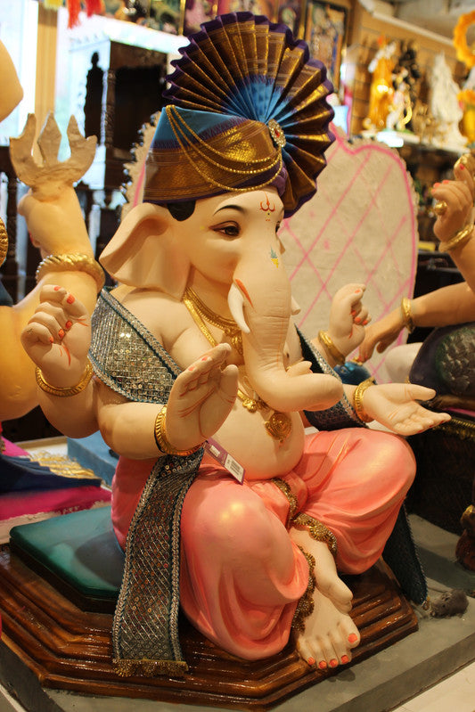 POP Ganesh Visarjan Idol Peacock Fan Pagdi Coral and Silver 3ft - side view