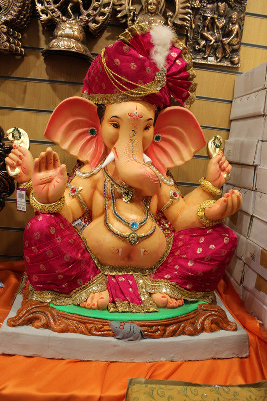 Eco-Friendly Ganesh Idol - Maroon-Pink Safa, close-up