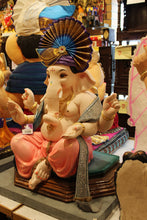 Load image into Gallery viewer, POP Ganesh Visarjan Idol Peacock Fan Pagdi Coral and Silver 3ft - detail view