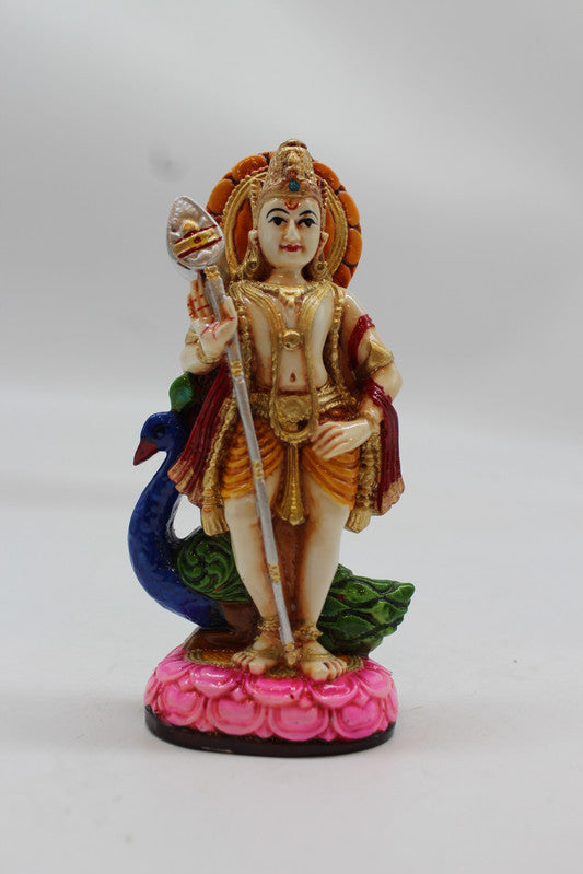 Standing Lord Murugan Idol with Peacock – Pink Lotus Base - Orange - front view