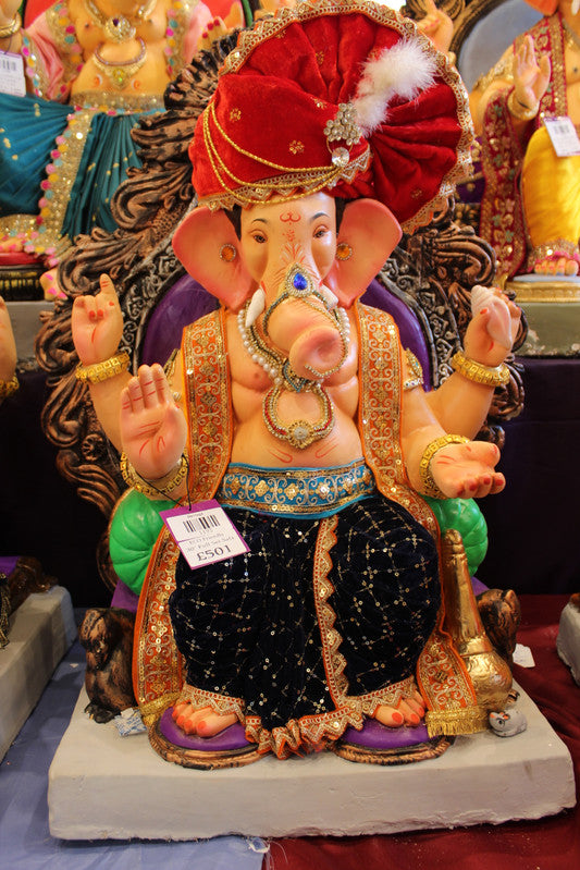 Eco-Friendly Ganesh Visarjan Idol - Red Fan Safa & Navy Sequin Dhoti, ~30 inch - front
