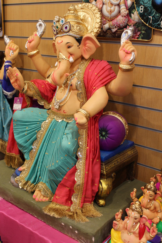 POP Ganesh Visarjan Idol Red and Teal 3ft - side view
