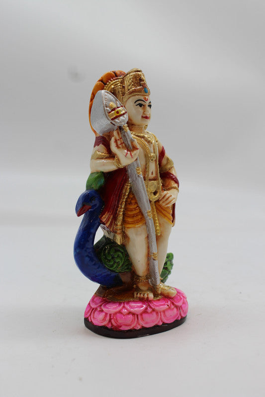 Standing Lord Murugan Idol with Peacock – Pink Lotus Base - Orange - side view