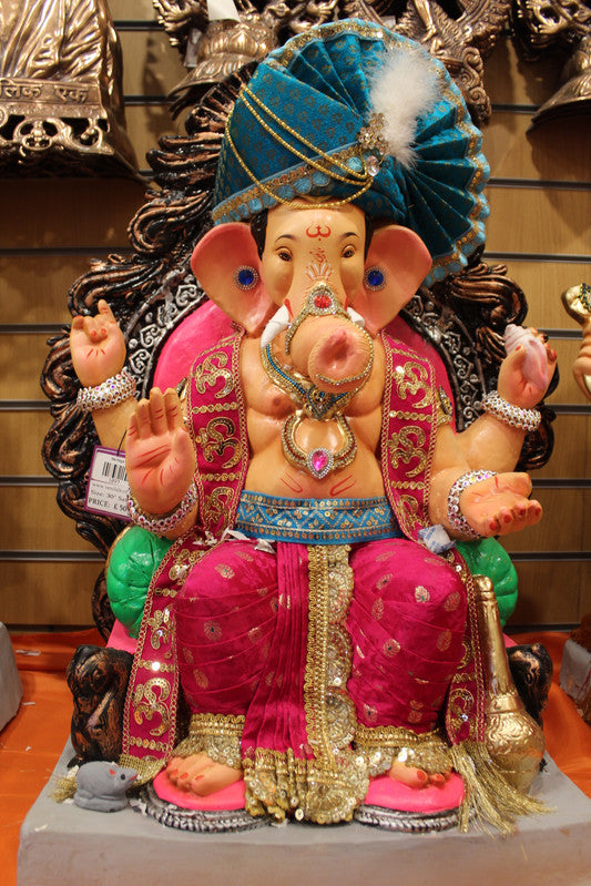 Eco-Friendly Ganesh Idol - Teal Safa & Om Sash, front view
