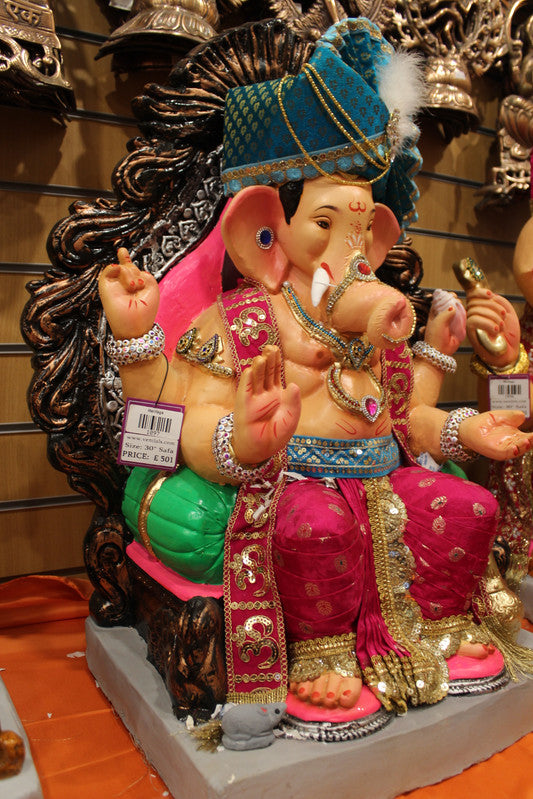 Eco-Friendly Ganesh Idol - Teal Safa & Om Sash, angle view