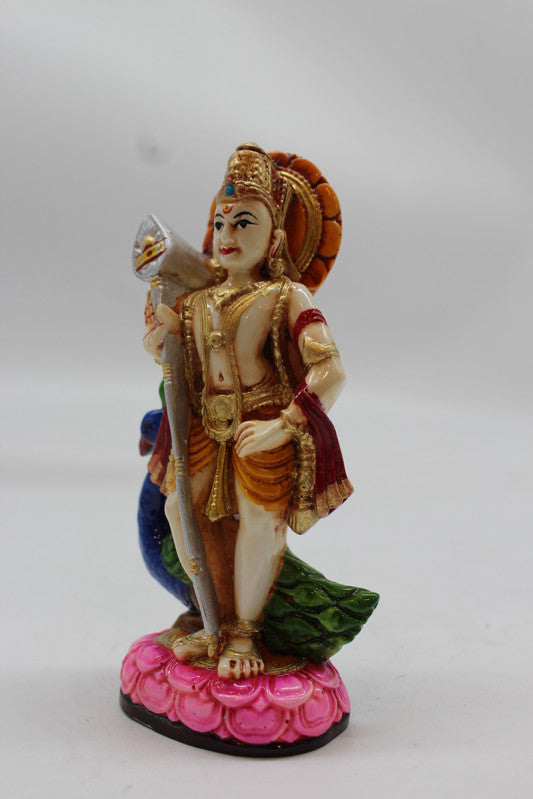 Standing Lord Murugan Idol with Peacock – Pink Lotus Base - Orange - angled view