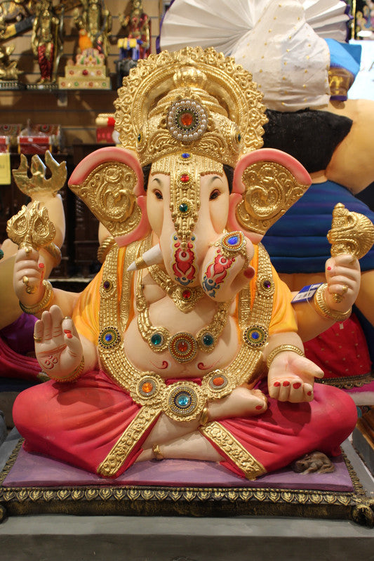POP Ganesh Visarjan Idol Ornate Trunk Design Coral and Saffron 3ft - front view