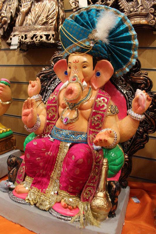 Eco-Friendly Ganesh Idol - Teal Safa & Om Sash, close-up
