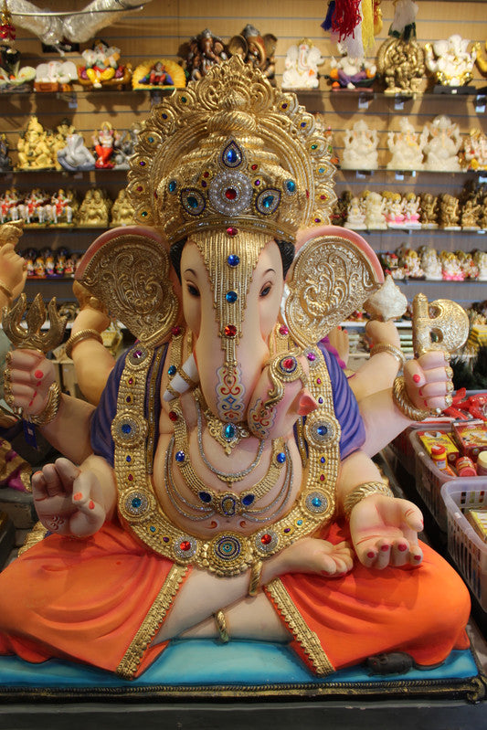POP Ganesh Visarjan idol, Purple and Orange variant, front view