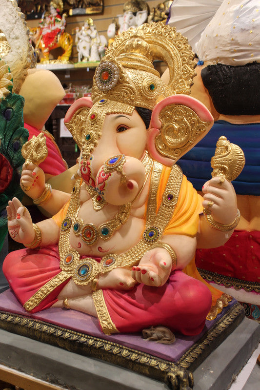 POP Ganesh Visarjan Idol Ornate Trunk Design Coral and Saffron 3ft - side view