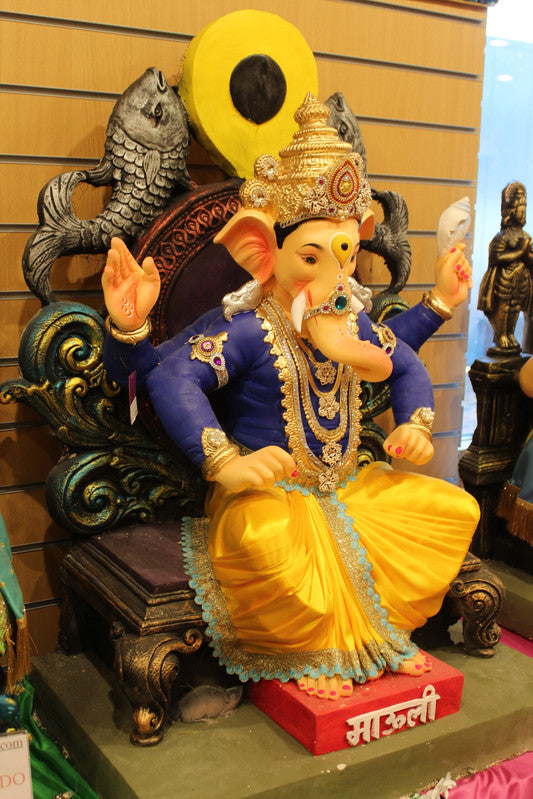 POP Ganesh Visarjan Idol Royal Blue and Mustard Mauli 3.5ft - front view