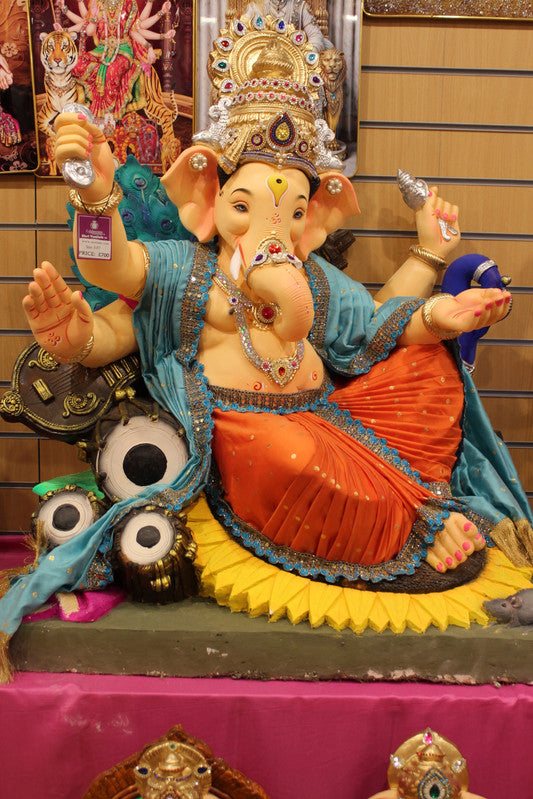 POP Ganesh Visarjan Idol Turquoise and Orange with Lotus Base 3ft - with price tag