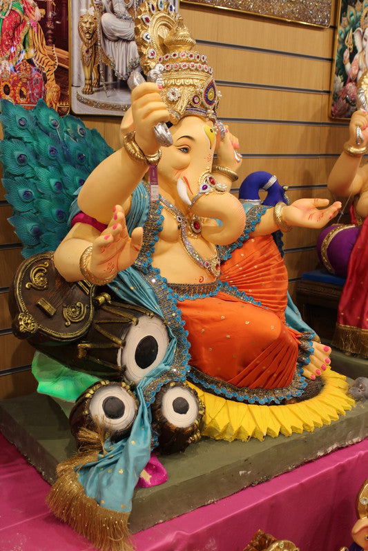 POP Ganesh Visarjan Idol Turquoise and Orange with Lotus Base 3ft - front view