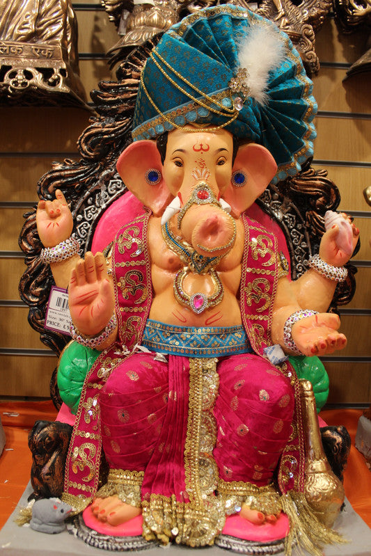 Eco-Friendly Ganesh Idol - Teal Safa & Om Sash, full figure