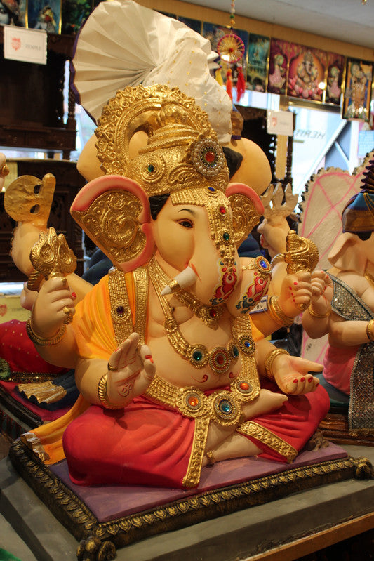 POP Ganesh Visarjan Idol Ornate Trunk Design Coral and Saffron 3ft - detail view