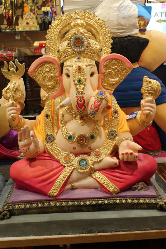 POP Ganesh Visarjan Idol Ornate Trunk Design Coral and Saffron 3ft - with price tag