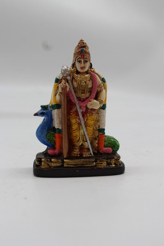 Standing Lord Murugan Idol with Peacock – Golden Pillar Base - Yellow - front view