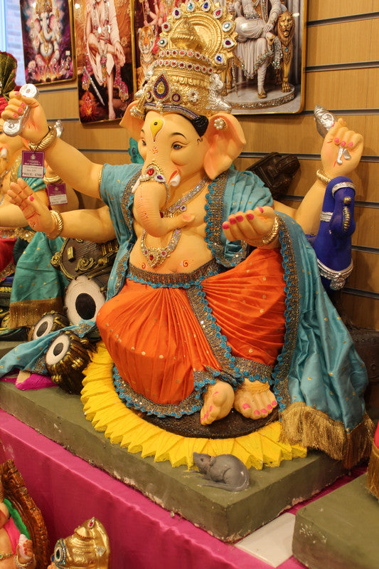 POP Ganesh Visarjan Idol Turquoise and Orange with Lotus Base 3ft - side view