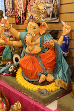 Load image into Gallery viewer, POP Ganesh Visarjan Idol Turquoise and Orange with Lotus Base 3ft - side view