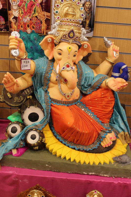 POP Ganesh Visarjan Idol Turquoise and Orange with Lotus Base 3ft - detail view