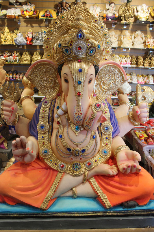 POP Ganesh Visarjan idol, Purple and Orange variant, front view 2