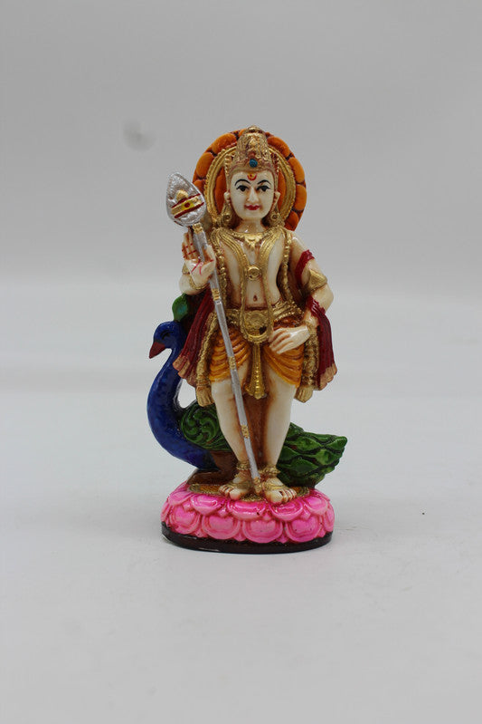Standing Lord Murugan Idol with Peacock – Pink Lotus Base - Purple - front view