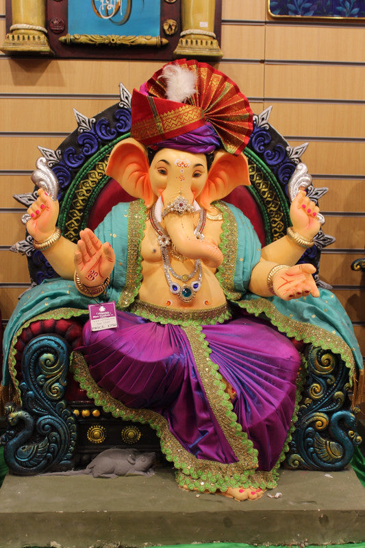 POP Ganesh Visarjan Idol Teal and Magenta with Feather Plume 3.5ft - front view
