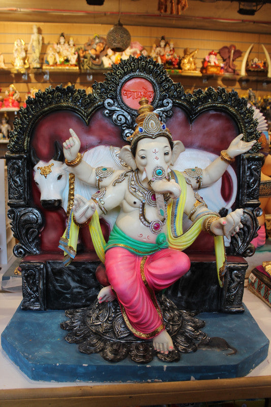 POP Ganesh Visarjan Idol Royal Throne with Cow Pink and Green 3ft - front view