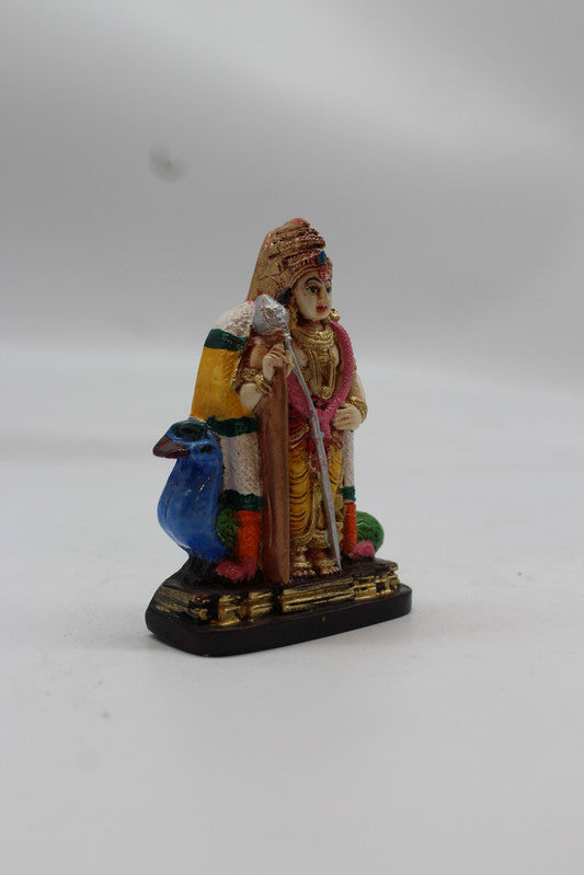 Standing Lord Murugan Idol with Peacock – Golden Pillar Base - Yellow - side view