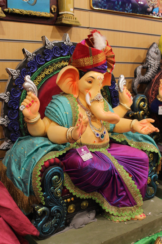 POP Ganesh Visarjan Idol Teal and Magenta with Feather Plume 3.5ft - with price tag