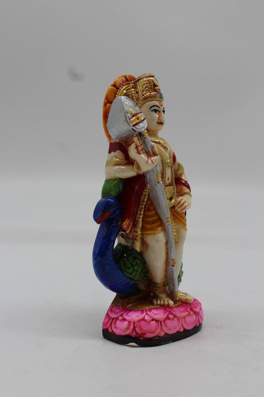 Standing Lord Murugan Idol with Peacock – Pink Lotus Base - Purple - side view