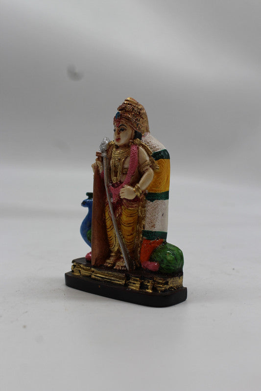 Standing Lord Murugan Idol with Peacock – Golden Pillar Base - Yellow - angled view