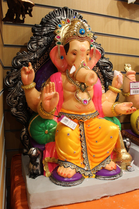 Eco-Friendly Ganesh Visarjan Idol - Gem-Studded Crown, Pink & Mustard, ~30 inch - angle