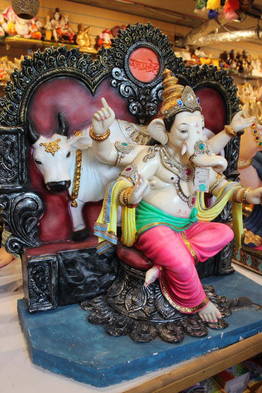 POP Ganesh Visarjan Idol Royal Throne with Cow Pink and Green 3ft - side view