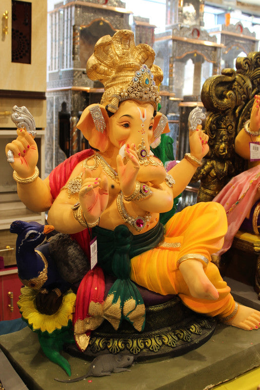 POP Ganesh Visarjan Idol - Green Sash & Saffron Dhoti, Peacock Base, ~2.5ft - side