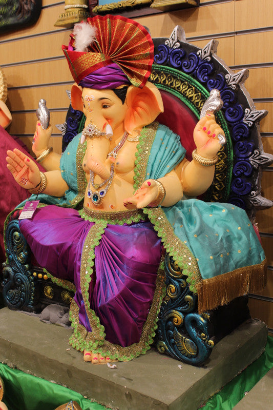 POP Ganesh Visarjan Idol Teal and Magenta with Feather Plume 3.5ft - side view
