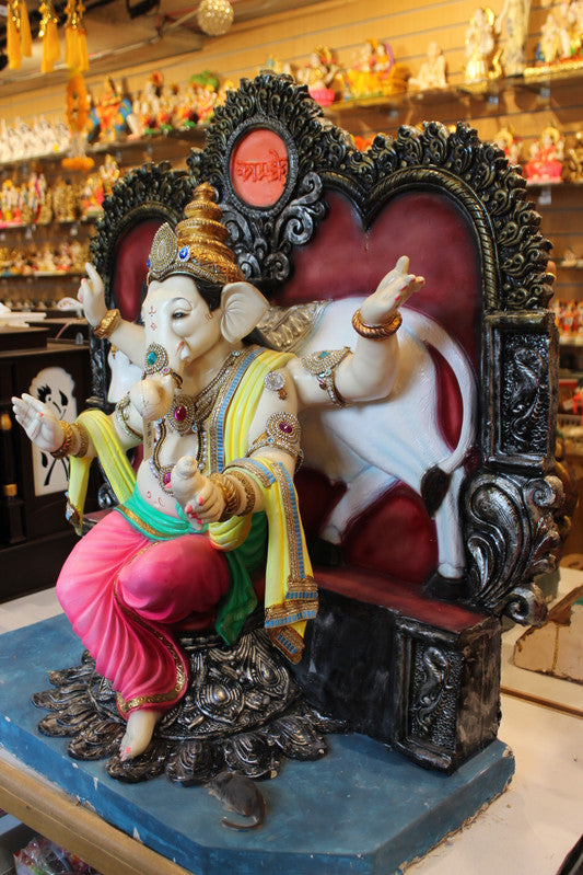 POP Ganesh Visarjan Idol Royal Throne with Cow Pink and Green 3ft - detail view