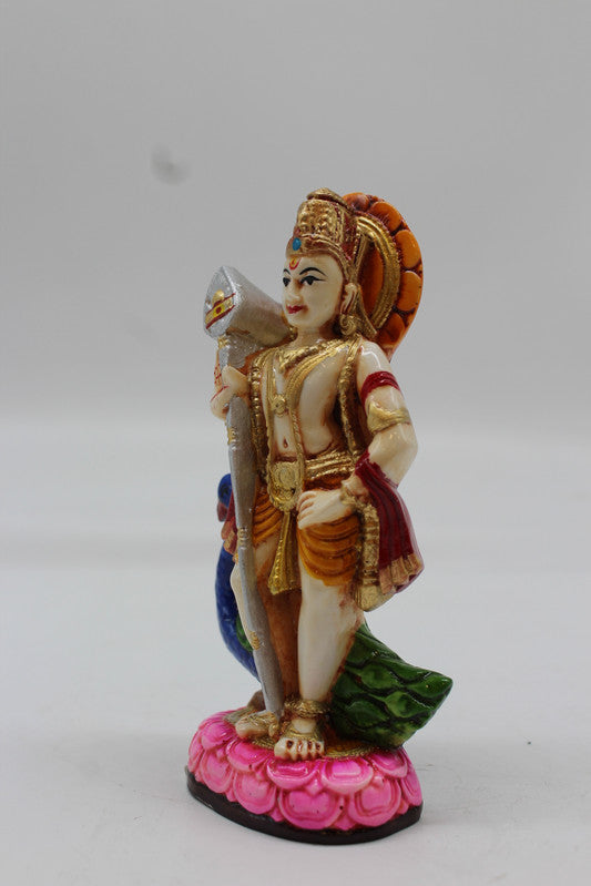 Standing Lord Murugan Idol with Peacock – Pink Lotus Base - Purple - angled view