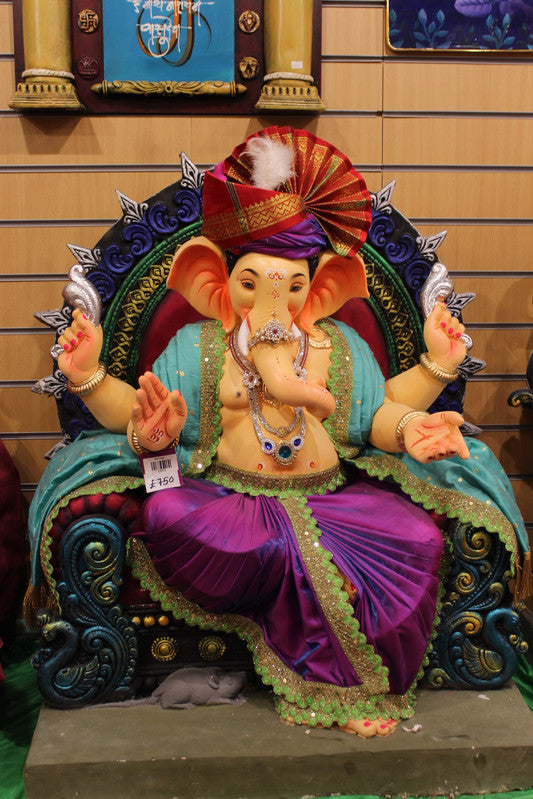POP Ganesh Visarjan Idol Teal and Magenta with Feather Plume 3.5ft - detail view